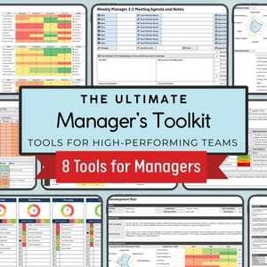 Pode incluir: Um produto digital intitulado "The Ultimate Manager's Toolkit" com o texto "Tools for High-Performing Teams" e "8 Tools for Managers". A imagem exibe vários gráficos e formulários, incluindo uma agenda de reuniões semanal e um plano de desenvolvimento.