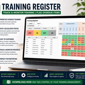 Plantilla de Excel para registro de capacitación / Rastreador de capacitación de empleados / Matriz de cumplimiento del personal / Hoja de cálculo de registro de capacitación / Registro de capacitación de RRHH