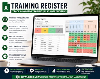 Training Register Excel Template | Employee Training Tracker | Staff Compliance Matrix | Training Record Spreadsheet | HR Training Log