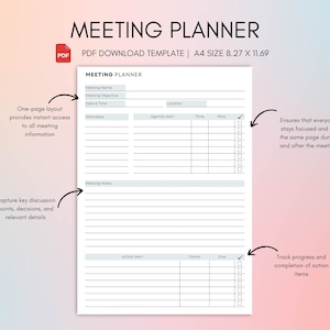 Meeting Planner Template, Meeting Minutes Document PDF Download, Meeting Agenda, Printable Meeting Minutes Template, Digital Download