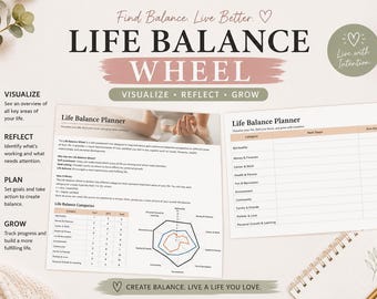 May include: A Life Balance Wheel planner with the text "Find Balance. Live Better." and "Life Balance Wheel." The planner includes sections for visualizing, reflecting, planning, and growing. The image also includes a candle and a pen.