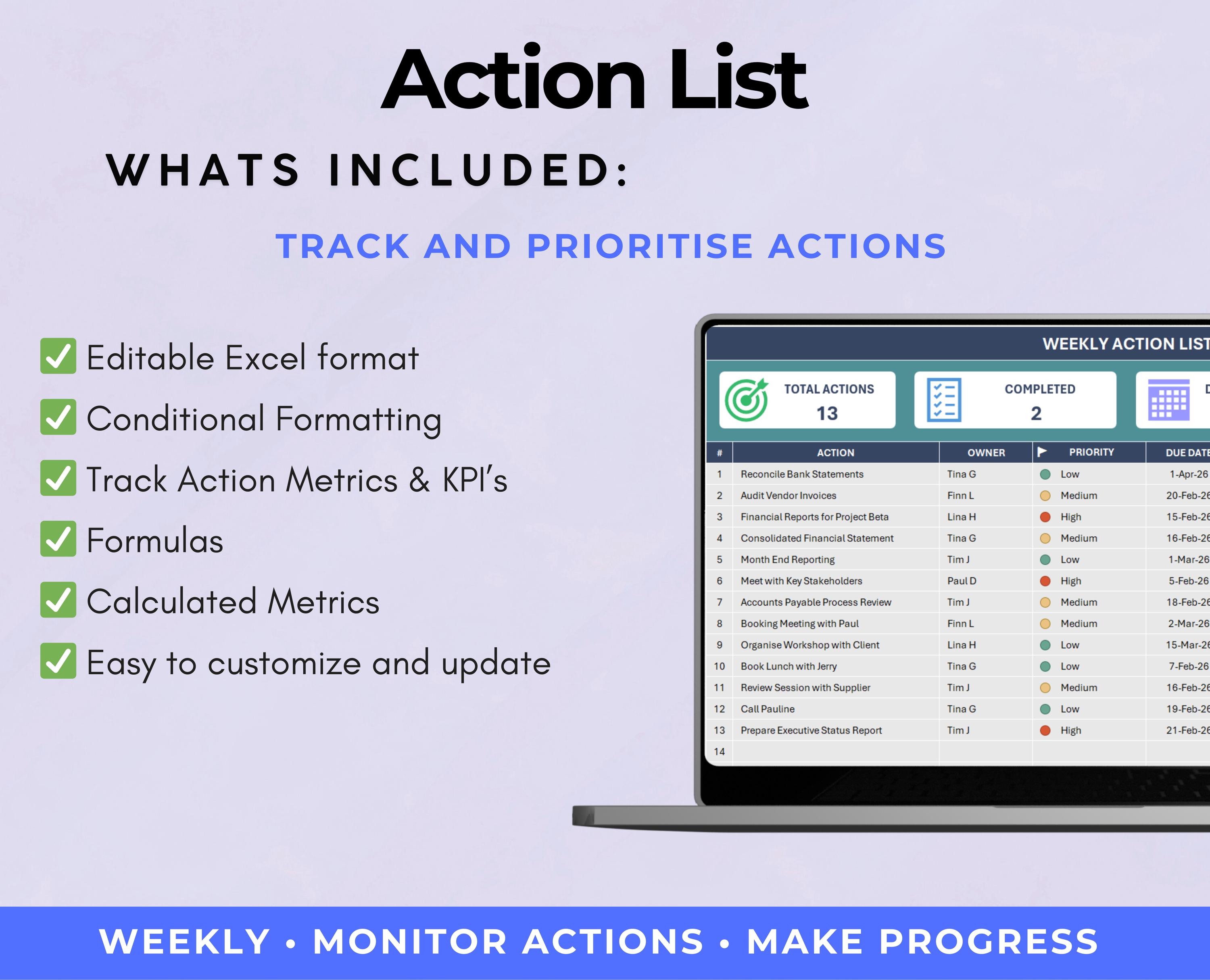 Action List Sign Weekly Action List Excel Template | Action Log & Task Tracker | Team ...