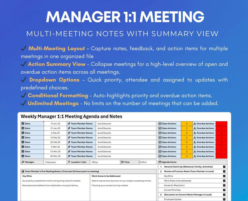 Multi-meeting 1:1 Manager Template | Excel Format | Track Goals, Notes ...