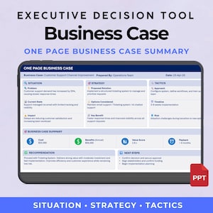 Puede incluir: Una tableta digital muestra un resumen de caso de negocio titulado "Executive Decision Tool". El documento describe la situación, la estrategia y las tácticas para la mejora del canal de soporte al cliente. La tableta está sobre un fondo púrpura con el texto "Situación, Estrategia, Tácticas".