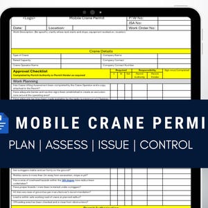 Op de afbeelding: Een digitale tablet met een formulier voor een "Mobile Crane Permit". Daaronder een donkerblauwe banner met de tekst "MOBILE CRANE PERMIT" en de woorden "PLAN | ASSESS | ISSUE | CONTROL" in het wit.