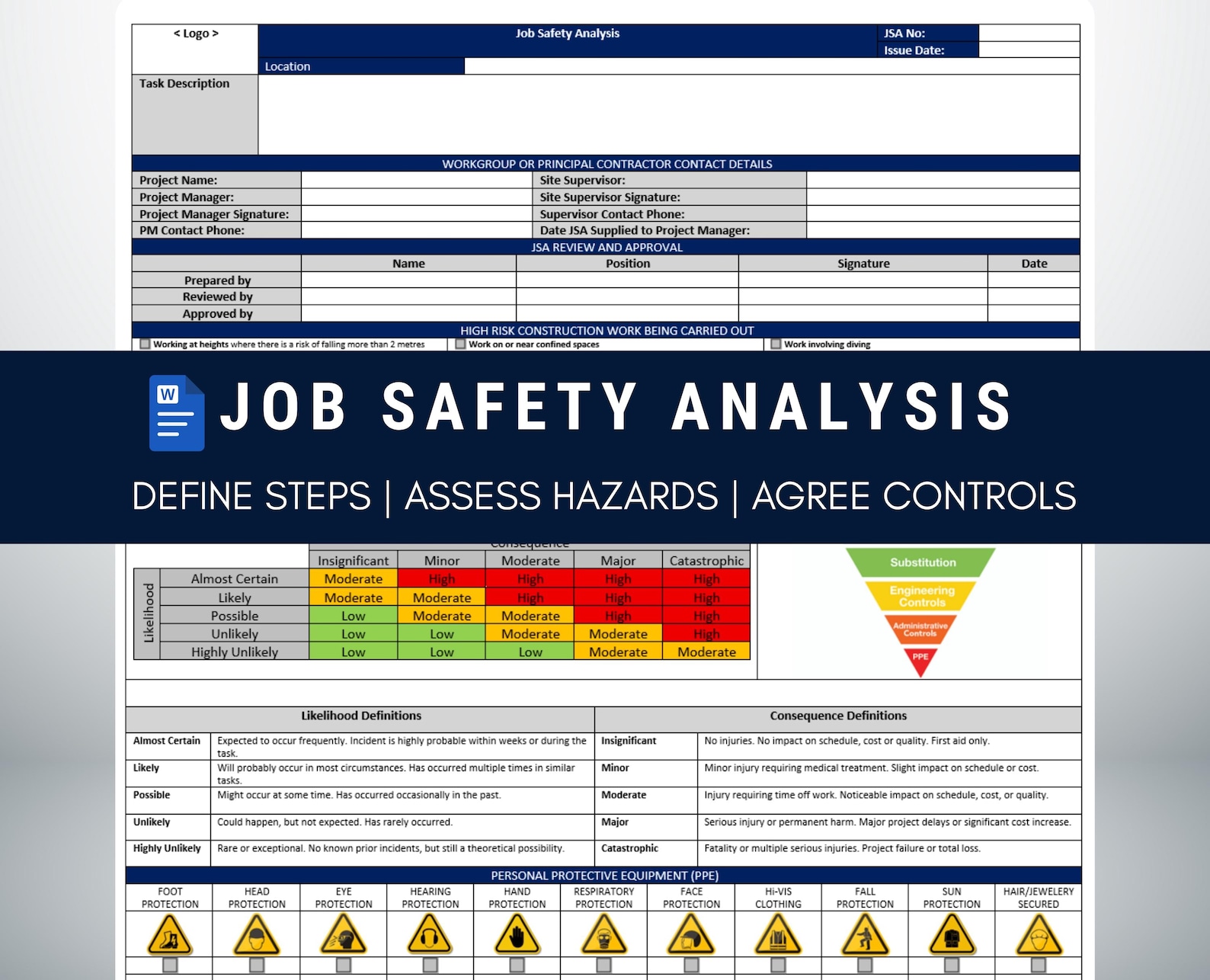 Job Safety Analysis JSA Template: Hazard ID, Risk Assessment (word ...
