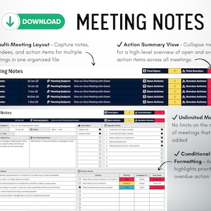 Meeting Agenda & Notes Template | Excel Template | Multi Meeting Action ...