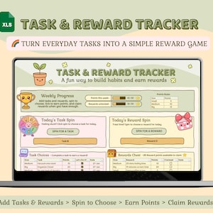 以下が含まれることがあります： ラップトップの画面には、「Task & Reward Tracker」のスプレッドシートが表示されています。デザインはパステルカラーで、漫画のグラフィックが特徴です。「Turn Everyday Tasks Into a Simple Reward Game」と書かれています。トラッカーには、毎週の進捗状況、タスクスピン、報酬スピンのセクションが含まれています。