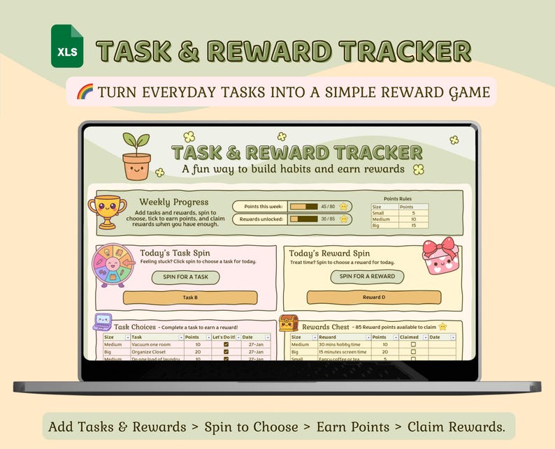 Complete Task Reward Task To Do List Task Tracker Excel | Editable Productivity Planner With ...