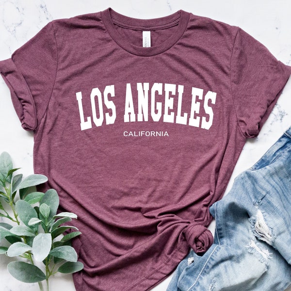 T-shirt Vintage Los Angeles – Unisexe, Col V – Motif California Retro Pour Homme Et Femme