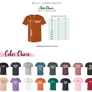 K&ouml;nnte beinhalten: Gr&ouml;&szlig;entabelle f&uuml;r Unisex-Jersey-T-Shirts von Bella + Canvas 3001 CVC. Die Tabelle zeigt Brust- und L&auml;ngenma&szlig;e in Zoll f&uuml;r die Gr&ouml;&szlig;en XS bis 5XL. Eine Farbtabelle zeigt 16 verschiedene T-Shirt-Farben, darunter Heather Navy, Athletic Heather, Deep Teal, Heather Forest, Heather Maroon, Heather Mauve, Dark Grey Heather, Heather Peach, Heather Team Purple, White, Burnt Orange, Kelly, Solid Navy, Pink und Red.