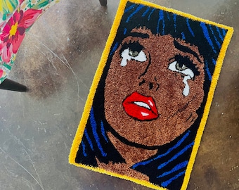 Pop Art Crying Damsel in Distress Tufted Rug | Retro Pop Art Rug for Home Decor | Unique Statement Rug | Bold Pop Art Floor Art