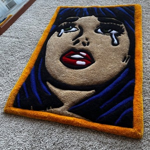 Tapete tufado Pop Art Crying Damsel in Distress | Tapete inspirado em desenhos animados | Tapete Pop Art retrô para decoração de casa | Arte de chão Pop Art ousada