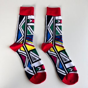 Red and white Ndebele Tribe Inspired African Print Socks - Unique and Stylish Design