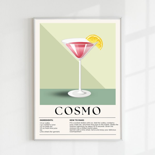 Cosmo Drink Print | Vintage Cocktail Wall Art | Instant Download | Mixology Decor | Bar Decor | Mixology Gift | Digital Print