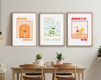 Set van 3 prints | Levendige klassieke cocktailmuurkunst | Minimalistische alcoholafdrukken | Decoratie barwagen | Digitale download AFDRUKBARE barwagen