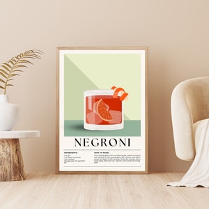 May include: A framed art print featuring a Negroni cocktail illustration. The image shows a glass with ice, an orange slice, and a twist of orange peel. The print includes the word "Negroni" and the drink's ingredients and instructions.