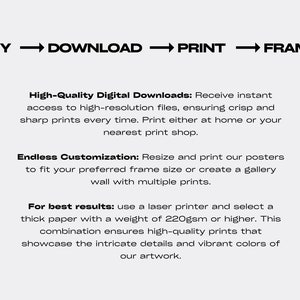 May include: White background with black text. The text reads "BUY -> DOWNLOAD -> PRINT -> FRAME". Additional text describes high-quality digital downloads, customization options, and printing recommendations for best results.