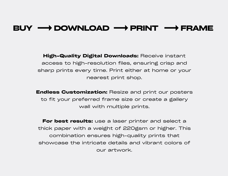 May include: White background with black text. The text reads "BUY -> DOWNLOAD -> PRINT -> FRAME". Additional text describes high-quality digital downloads, customization options, and printing recommendations for best results.
