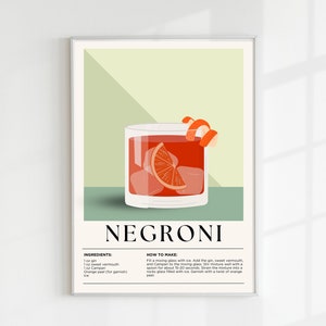 May include: A framed art print featuring a Negroni cocktail illustration. The image shows a glass filled with ice, a red drink, and an orange slice. The word "NEGRONI" is at the bottom, with the ingredients and instructions listed below.