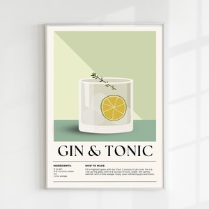 Gin and Tonic | Drink Digital Print | Vintage Cocktail Wall Art | Cocktail Print | Mixology Decor | Bar Decor | Mixology Gift