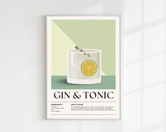 Gin and Tonic | Drink Digital Print | Vintage Cocktail Wall Art | Cocktail Print | Mixology Decor | Bar Decor | Mixology Gift