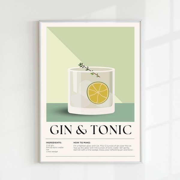 Gin-tonic | Drink digitale print | Vintage cocktail kunst aan de muur | Cocktaildruk | Mixologie Decor | Bardecoratie | Mixologie geschenk