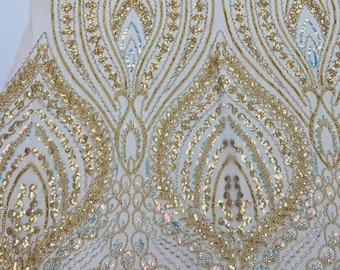 New design#1 heavy beaded lace fabric embroidered tulle lace with sequins for Wedding/Prom/P arty dress by yard