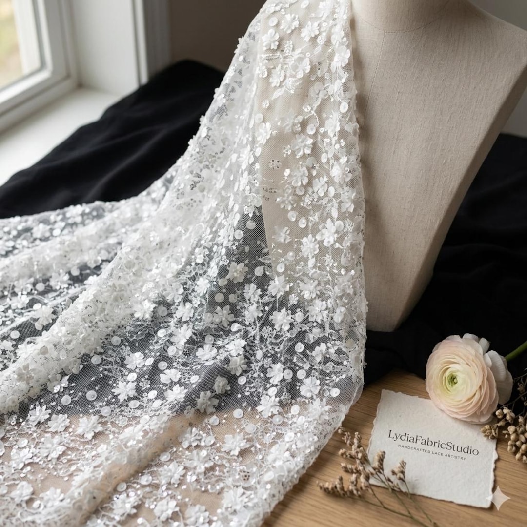 3D Floral Sequin Lace Fabric by Yard, White Couture Bridal Wedding ...