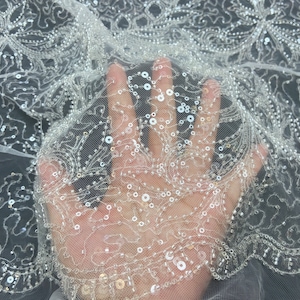 White Elegant Beaded lace  fabric with shiny Sequins embroidered tulle fabric by yard for wedding bridesmaid prom formal dresses
