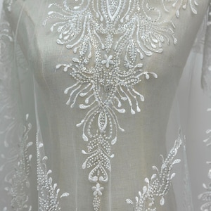 Exquisite White Beaded Sequins Lace Fabric Embroidery fabric for Elegant Wedding and Formal Attire