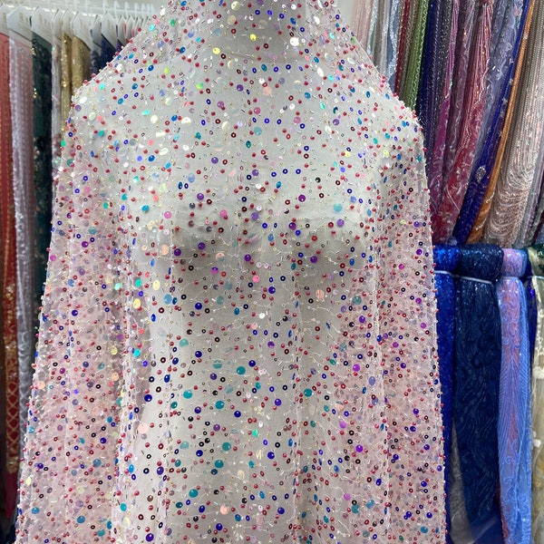 Iridescent Sequined Lace Fabric: Colorful Beaded Tulle, Bridal Dress