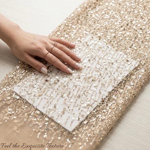 Puede incluir: Una tela de color champán con lentejuelas densas y brillantes dispuestas en líneas verticales fluidas. El material tiene una capa base transparente y clara. El texto "Feel the Exquisite Texture" está impreso en la parte inferior.