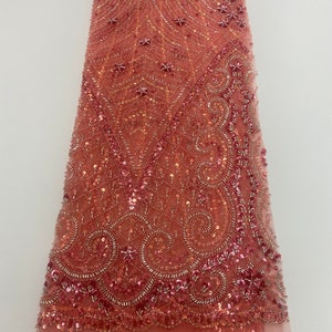 ORANGE/ GREEN beaded lace fabric with patterned shiny Sequins by yard for wedding bridesmaid prom formal dresses
