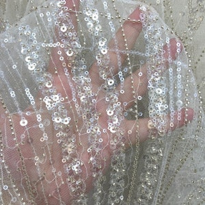 Champagne White Beaded lace top quality sequins luxurious lace Bridal lace Fabric tulle lace for lace wedding gown  prom event dresses