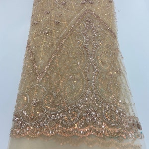 Exquisite Champagne and Blue Beaded Lace Fabric with Shiny Sequins for Wedding dress, Formal Dresses and Gowns