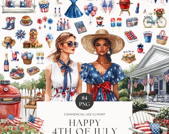 Watercolor 4th of July Floral Clipart, Independence Day USA Clipart, Patriotic PNG, Summer Clipart, Junk Journal, Commercial Use