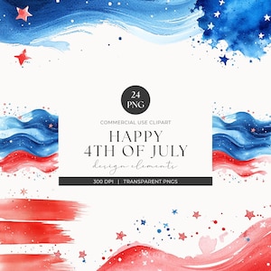 Watercolor 4th of July Clipart, Independence Day Design Elements, Patriotic Blue Red and White Brushstrokes, Junk Journal, Commercial Use