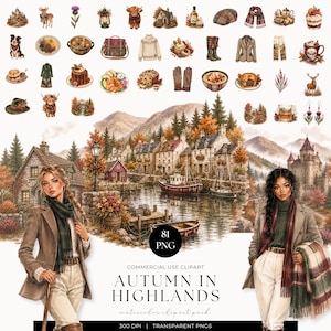 Puede incluir: Una colección digital de 81 elementos de clipart en acuarela con temas otoñales, que incluye paisajes de las Tierras Altas de Escocia, dos figuras con ropa de temporada, cabañas, ganado de las tierras altas, comida y prendas con el texto Autumn in Highlands.