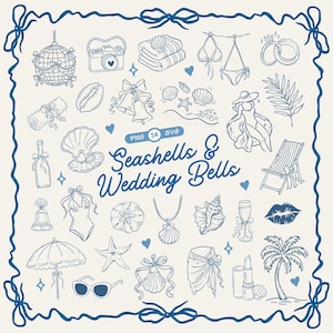Puede incluir: Una colección de ilustraciones de línea azul con temas de playa y boda, incluyendo conchas, campanas de boda, un bikini, una palmera, una cámara y un anillo. El texto dice Seashells & Wedding Bells, PNG 54 SVG, enmarcado por un lazo.