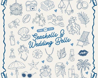 Seashells and Wedding Bells Toast Coastal Bachelorette PNG SVG Coastal Bach Beach Party Handdrawn Whimsical Doodles Clipart PNG Illustrated