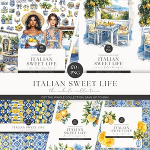 地中海の夏の水彩画クリップアートセット、レモンとタイルの花束、シチリア島イタリア・アマルフィ、風景写真のジャンクジャーナル、商用利用可