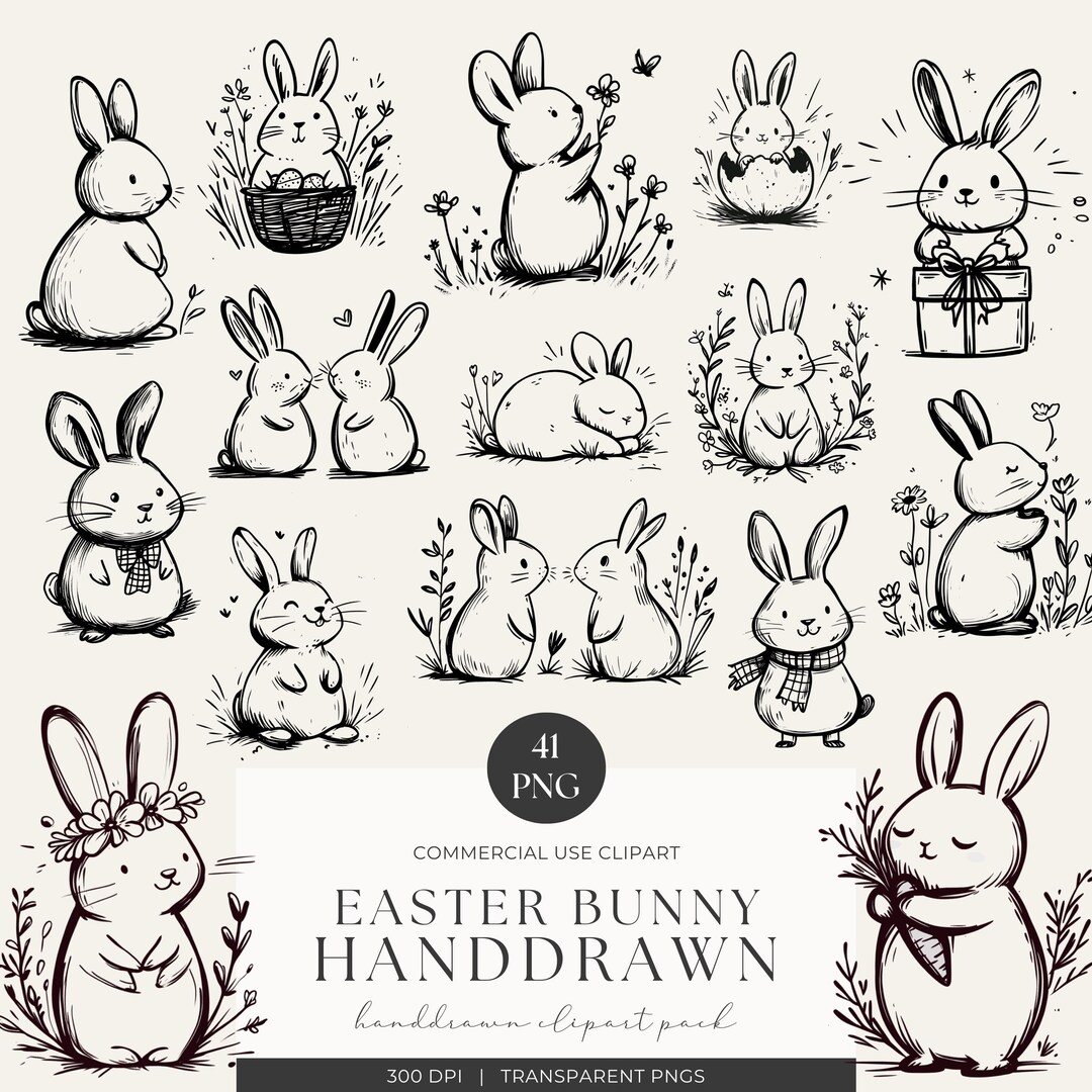 Cute Spring Easter Bunny Clipart PNG Hand Drawn Lines Doodle Clipart ...
