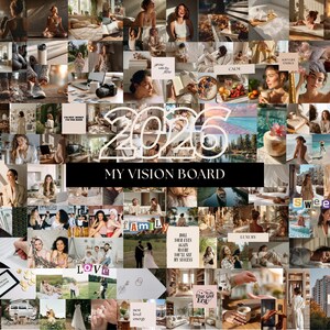 May include: A vision board for 2026, composed of numerous images representing aspirations and goals. The words "2026" and "MY VISION BOARD" are centrally positioned, with themes of self-care and luxury.