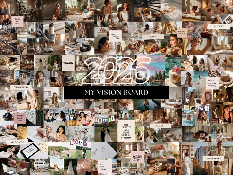 May include: A vision board for 2026, composed of numerous images representing aspirations and goals. The words "2026" and "MY VISION BOARD" are centrally positioned, with themes of self-care and luxury.