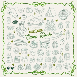 May include: A collection of green line art illustrations featuring camping and bachelorette party themes, including a mountain landscape, a disco ball with a veil, a kayak, hiking boots, a campfire, and the text Camp Bach with PNG 74 SVG labels.