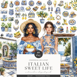 Mediterranean Summer Watercolor Clipart, Lemons & Tiles, Sicily Italy Amalfi, Coastal Beach, Junk Journal, Digital Stickers, Commercial Use