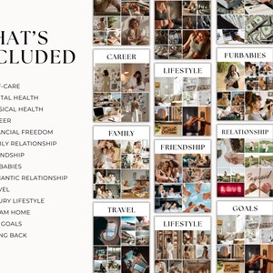 May include: A visual collection of images with the heading "WHAT'S INCLUDED" and a list of themes including self-care, mental health, and travel. The images are arranged under headings such as "Career," "Lifestyle," and "Goals."