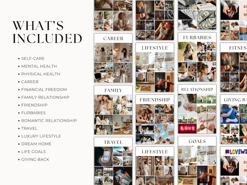 May include: A visual collection of images with the heading "WHAT'S INCLUDED" and a list of themes including self-care, mental health, and travel. The images are arranged under headings such as "Career," "Lifestyle," and "Goals."