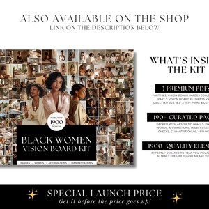 May include: A vision board kit for Black women, with a collage of images and text. The kit includes 3 premium PDFs, 190+ curated pages, and over 1900 quality elements. The text on the image says "Black Women Vision Board Kit".